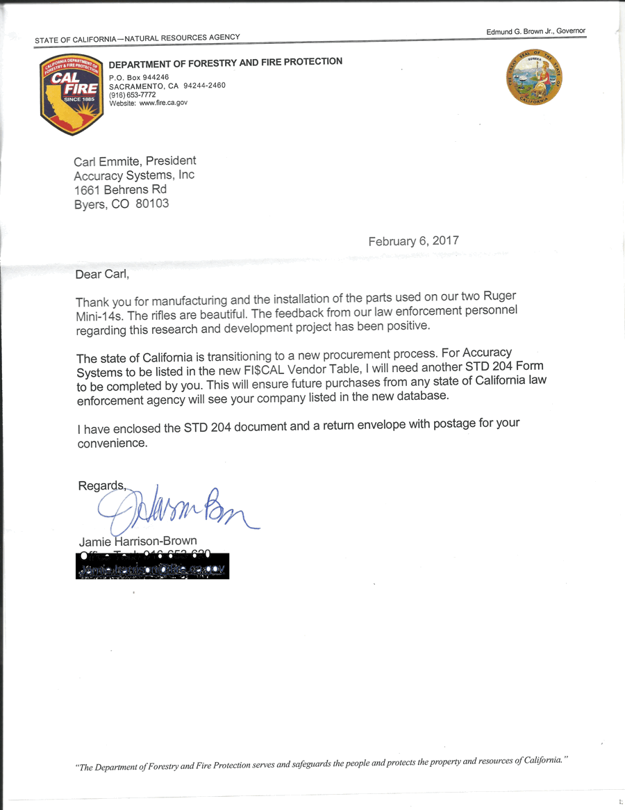 letter from the California Department of Forestry & Fire Protection